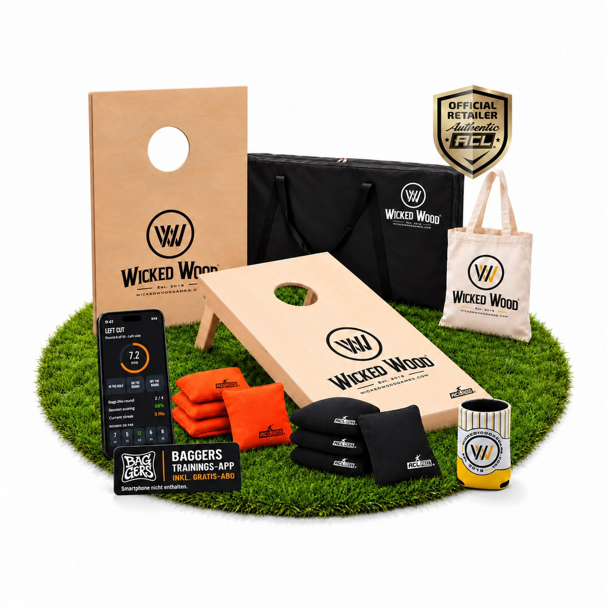 Cornhole Starter Bundle 90x60 – Lackerade brädor, bärväska, tygkasse & koozie – Wicked Wood Games