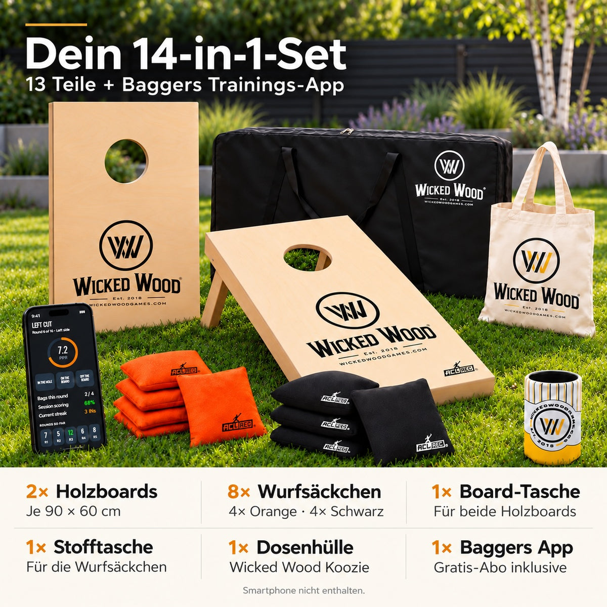 Cornhole Starter Bundle 90x60 – Lackerade brädor, bärväska, tygkasse & koozie – Wicked Wood Games